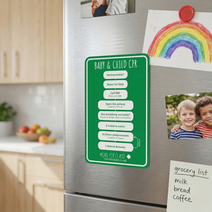 Baby and Child CPR Magnet on a family fridge